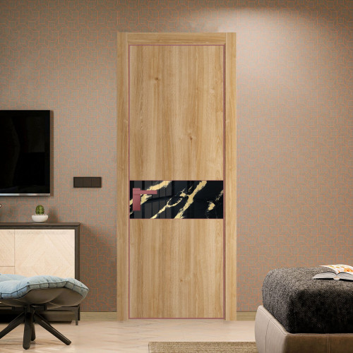 Межкомнатная дверь ProfilDoors 17 NE Дуб Карамель с кромкой Красный антрацит с стекляной вставкой нефи черный узор золото