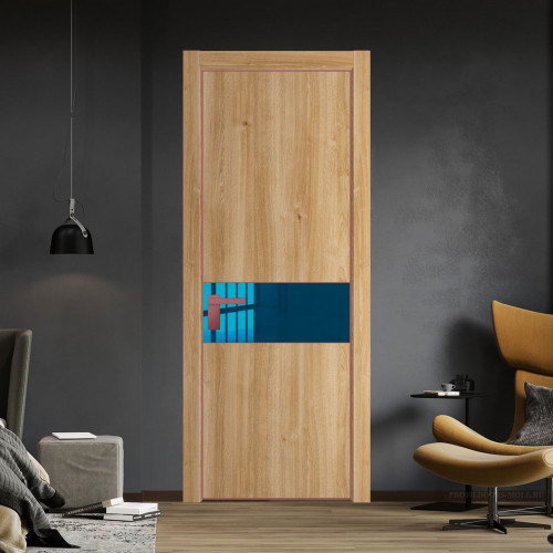 Межкомнатная дверь ProfilDoors 17 NE Дуб Карамель с кромкой Красный антрацит с стекляной вставкой зеркало blue
