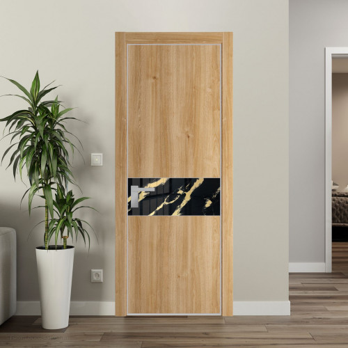 Межкомнатная дверь ProfilDoors 17 NE Дуб Карамель с кромкой Матовая с стекляной вставкой нефи черный узор золото
