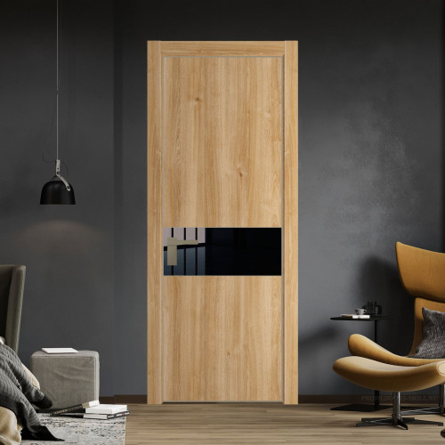 Межкомнатная дверь ProfilDoors 17 NE Дуб Карамель с кромкой Никель с стекляной вставкой черный лак