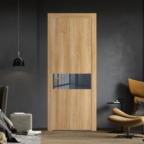 Межкомнатная дверь ProfilDoors 17 NE Дуб Карамель с кромкой Никель с стекляной вставкой зеркало grey