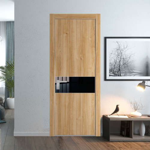 Межкомнатная дверь ProfilDoors 17 NE Дуб Карамель с кромкой Серебро с стекляной вставкой черный лак
