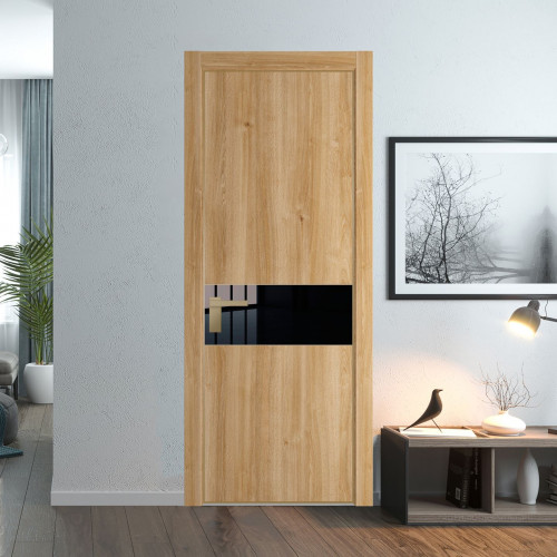 Межкомнатная дверь ProfilDoors 17 NE Дуб Карамель с кромкой Золото с стекляной вставкой черный лак