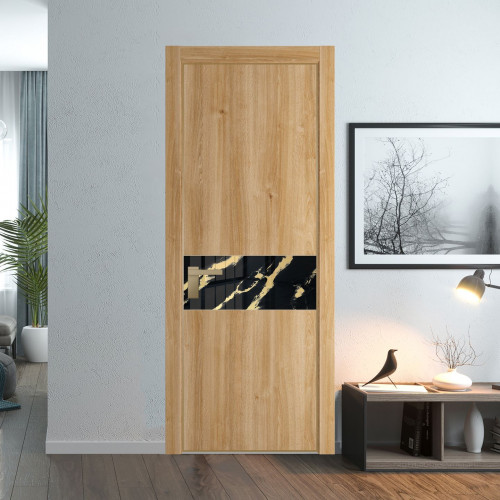 Межкомнатная дверь ProfilDoors 17 NE Дуб Карамель с кромкой Золото с стекляной вставкой нефи черный узор золото