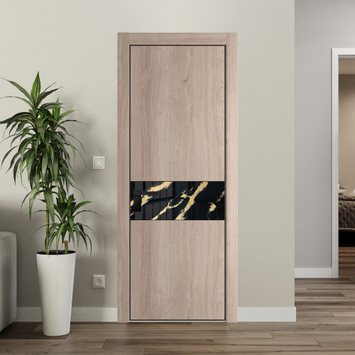 Межкомнатная дверь ProfilDoors 17 NE Дуб Сонома с кромкой Черный с стекляной вставкой нефи черный узор золото