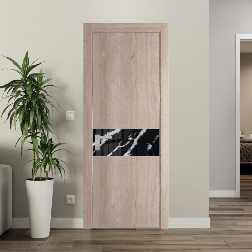 Межкомнатная дверь ProfilDoors 17 NE Дуб Сонома с кромкой Серебро с стекляной вставкой нефи черный узор серебро