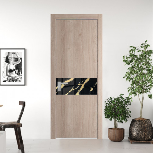 Межкомнатная дверь ProfilDoors 17 NE Дуб Сонома с кромкой Серебро с стекляной вставкой нефи черный узор золото