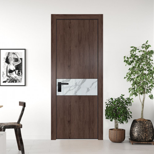 Межкомнатная дверь ProfilDoors 17 NE Дуб Тобакко с кромкой Черный с стекляной вставкой нефи белый узор серебро