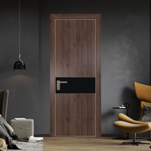 Межкомнатная дверь ProfilDoors 17 NE Дуб Тобакко с кромкой Никель с стекляной вставкой монохром черный