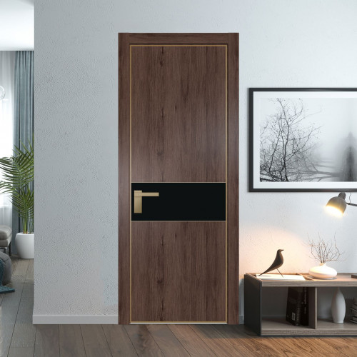 Межкомнатная дверь ProfilDoors 17 NE Дуб Тобакко с кромкой Золото с стекляной вставкой монохром черный