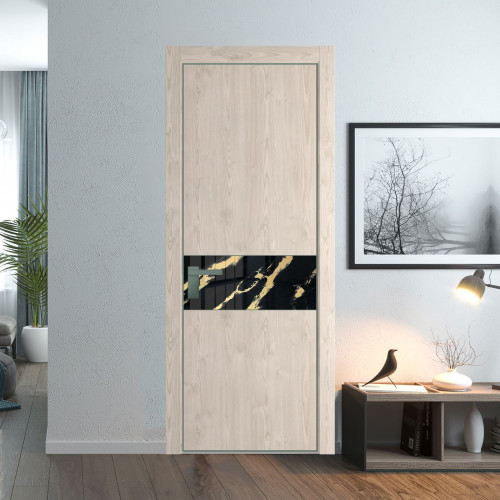 Межкомнатная дверь ProfilDoors 17 NE Каштан светлый с кромкой Зеленый воск с стекляной вставкой нефи черный узор золото