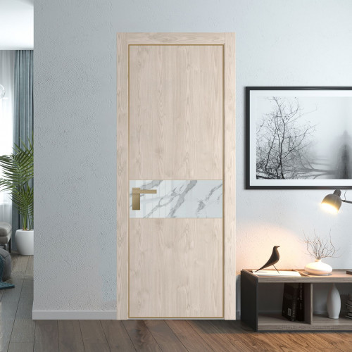 Межкомнатная дверь ProfilDoors 17 NE Каштан светлый с кромкой Золото с стекляной вставкой нефи белый узор серебро
