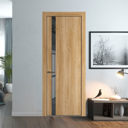 Межкомнатная дверь ProfilDoors 18 NE Дуб Карамель с кромкой Деорэ с стекляной вставкой зеркало grey