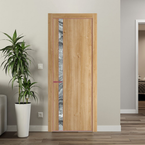 Межкомнатная дверь ProfilDoors 18 NE Дуб Карамель с кромкой Красный антрацит с стекляной вставкой атриум серебро