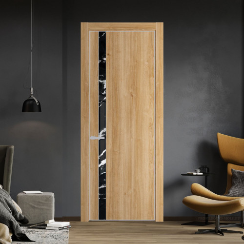 Межкомнатная дверь ProfilDoors 18 NE Дуб Карамель с кромкой Матовая с стекляной вставкой нефи черный узор серебро