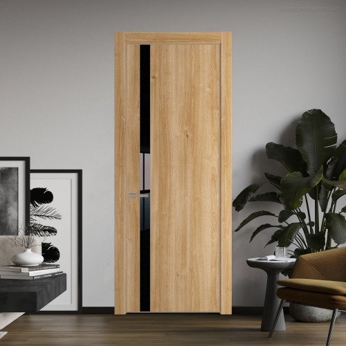 Межкомнатная дверь ProfilDoors 18 NE Дуб Карамель с кромкой Никель с стекляной вставкой черный лак