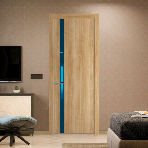 Межкомнатная дверь ProfilDoors 18 NE Дуб Карамель с кромкой Шампань с стекляной вставкой зеркало blue