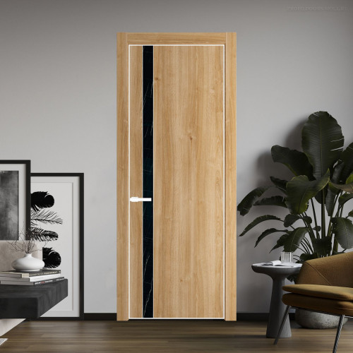 Межкомнатная дверь ProfilDoors 18 NE Дуб Карамель с кромкой Вайт с стекляной вставкой неро мрамор