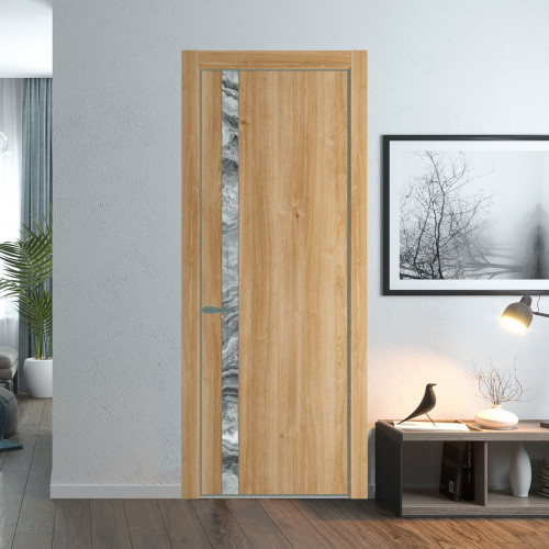 Межкомнатная дверь ProfilDoors 18 NE Дуб Карамель с кромкой Зеленый воск с стекляной вставкой атриум серебро
