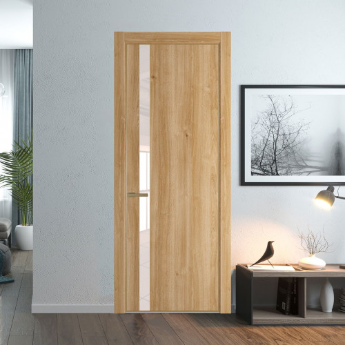 Межкомнатная дверь ProfilDoors 18 NE Дуб Карамель с кромкой Золото с стекляной вставкой перламутровый лак