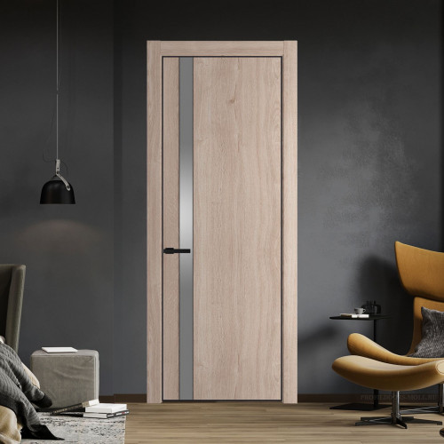 Межкомнатная дверь ProfilDoors 18 NE Дуб Сонома с кромкой Черный с стекляной вставкой серебро матлак