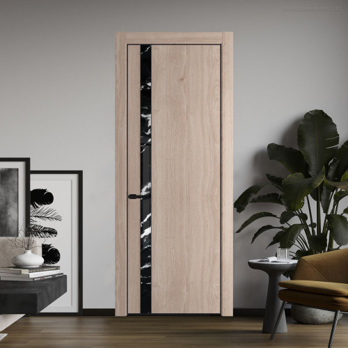 Межкомнатная дверь ProfilDoors 18 NE Дуб Сонома с кромкой Черный с стекляной вставкой нефи черный узор серебро