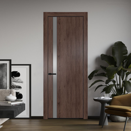 Межкомнатная дверь ProfilDoors 18 NE Дуб Тобакко с кромкой Черный с стекляной вставкой серебро матлак