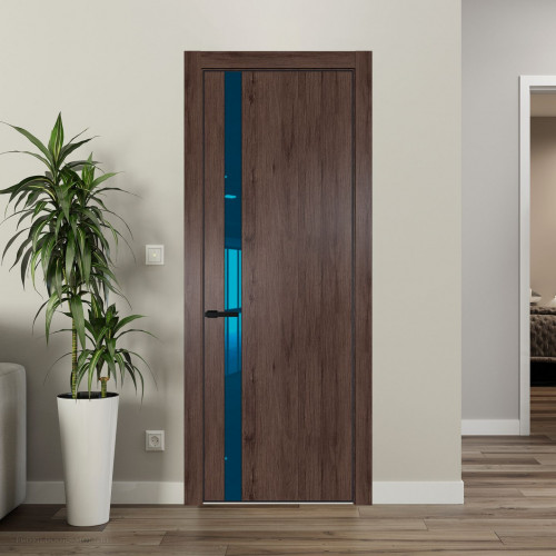 Межкомнатная дверь ProfilDoors 18 NE Дуб Тобакко с кромкой Черный с стекляной вставкой зеркало blue