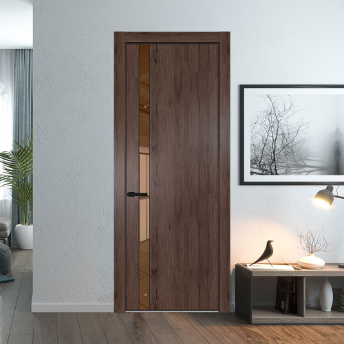 Межкомнатная дверь ProfilDoors 18 NE Дуб Тобакко с кромкой Черный с стекляной вставкой зеркало bronze