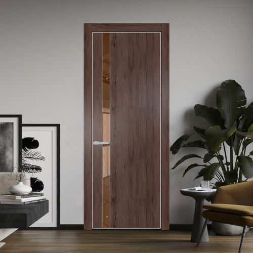Межкомнатная дверь ProfilDoors 18 NE Дуб Тобакко с кромкой Матовая с стекляной вставкой зеркало bronze