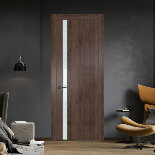 Межкомнатная дверь ProfilDoors 18 NE Дуб Тобакко с кромкой Серая Ночь с стекляной вставкой белый лак