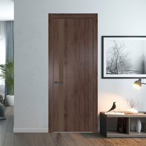 Межкомнатная дверь ProfilDoors 18 NE Дуб Тобакко с кромкой Серая Ночь с стекляной вставкой монохром гляссе
