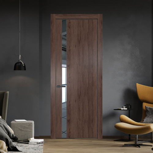 Межкомнатная дверь ProfilDoors 18 NE Дуб Тобакко с кромкой Серая Ночь с стекляной вставкой зеркало