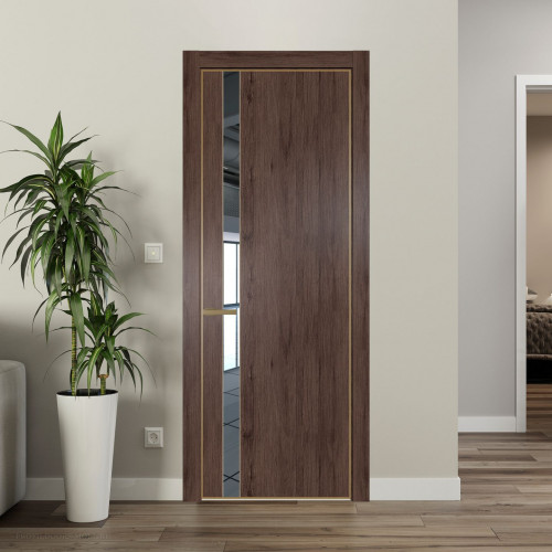 Межкомнатная дверь ProfilDoors 18 NE Дуб Тобакко с кромкой Золото с стекляной вставкой зеркало