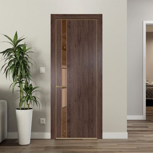 Межкомнатная дверь ProfilDoors 18 NE Дуб Тобакко с кромкой Золото с стекляной вставкой зеркало bronze