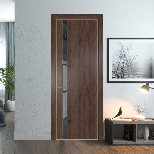 Межкомнатная дверь ProfilDoors 18 NE Дуб Тобакко с кромкой Золото с стекляной вставкой зеркало grey