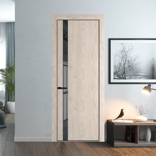 Межкомнатная дверь ProfilDoors 18 NE Каштан светлый с кромкой Черный с стекляной вставкой зеркало grey