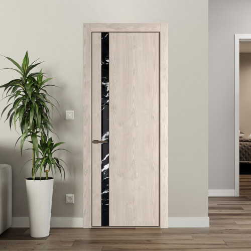 Межкомнатная дверь ProfilDoors 18 NE Каштан светлый с кромкой Деорэ с стекляной вставкой нефи черный узор серебро
