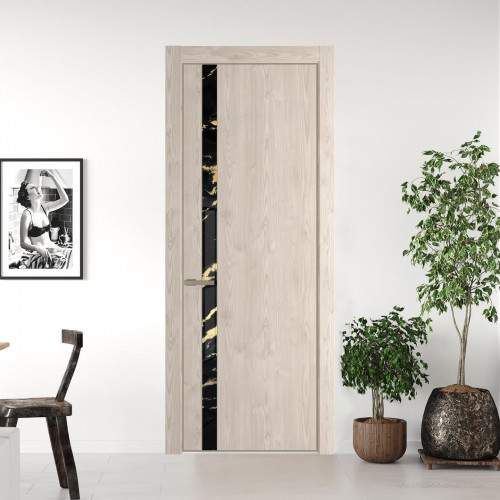 Межкомнатная дверь ProfilDoors 18 NE Каштан светлый с кромкой Никель с стекляной вставкой нефи черный узор золото