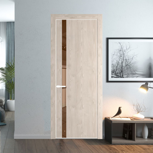 Межкомнатная дверь ProfilDoors 18 NE Каштан светлый с кромкой Вайт с стекляной вставкой зеркало bronze