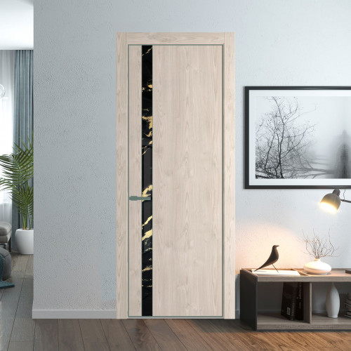 Межкомнатная дверь ProfilDoors 18 NE Каштан светлый с кромкой Зеленый воск с стекляной вставкой нефи черный узор золото