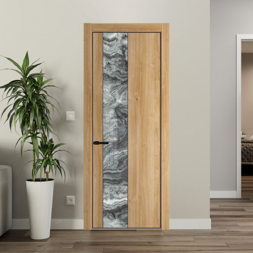 Межкомнатная дверь ProfilDoors 19 NE Дуб Карамель с кромкой Черный с стекляной вставкой атриум серебро