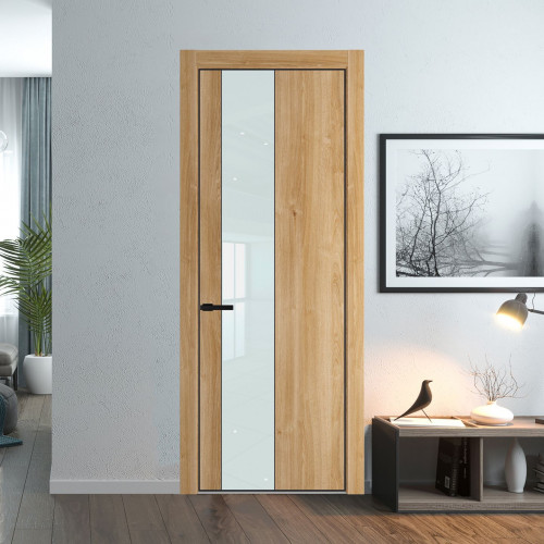 Межкомнатная дверь ProfilDoors 19 NE Дуб Карамель с кромкой Черный с стекляной вставкой белый лак