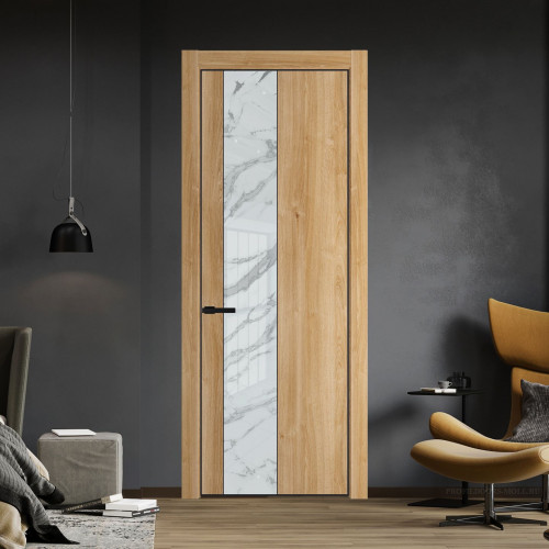 Межкомнатная дверь ProfilDoors 19 NE Дуб Карамель с кромкой Черный с стекляной вставкой нефи белый узор серебро