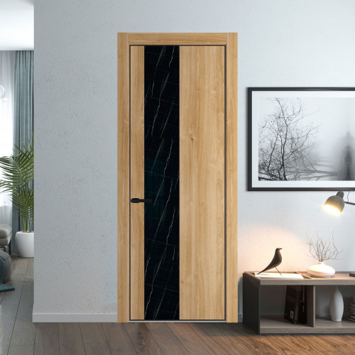 Межкомнатная дверь ProfilDoors 19 NE Дуб Карамель с кромкой Черный с стекляной вставкой неро мрамор