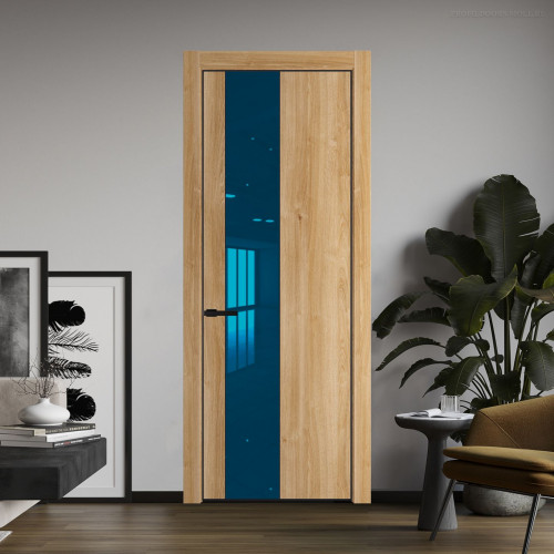 Межкомнатная дверь ProfilDoors 19 NE Дуб Карамель с кромкой Черный с стекляной вставкой зеркало blue