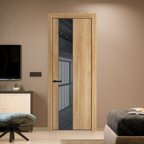 Межкомнатная дверь ProfilDoors 19 NE Дуб Карамель с кромкой Черный с стекляной вставкой зеркало grey