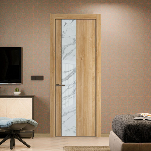 Межкомнатная дверь ProfilDoors 19 NE Дуб Карамель с кромкой Деорэ с стекляной вставкой нефи белый узор серебро