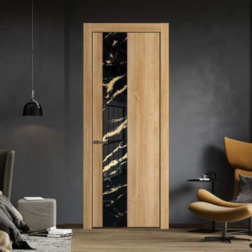 Межкомнатная дверь ProfilDoors 19 NE Дуб Карамель с кромкой Деорэ с стекляной вставкой нефи черный узор золото