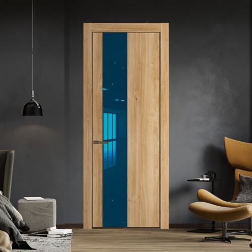 Межкомнатная дверь ProfilDoors 19 NE Дуб Карамель с кромкой Деорэ с стекляной вставкой зеркало blue